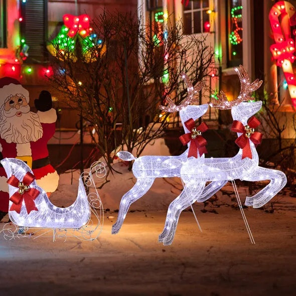 3-Piece Lighted Set Of 2 Reindeer & Sleigh, Weather Proof Christmas Outdoor Decorations With Pre-lit 270 LED White Lights And Stakes For Xmas Outdoor Holiday Indoor Decor Lighted Holiday Displays, Whi